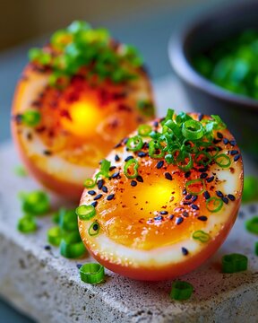 Soft boiled ajitsuke tamago egg halves with green onions and sesame