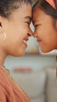 Love, nose and touch with mother and daughter in home for bonding, support and affection. Connection, eskimo kiss and happiness with woman and child in family house for relax, care and trust
