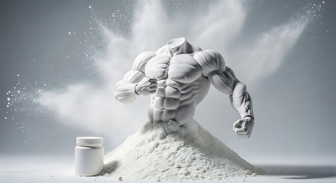 Muscular physique emerging from white powder with supplement bottle, dramatic lighting