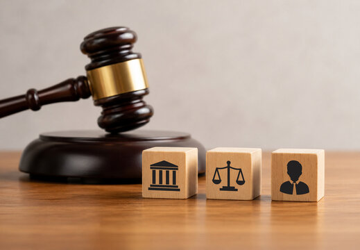 icon of a Law lawyer, court, and judge on a wooden block and gavel on a table for a Labor law of firm for Justice and law concept.