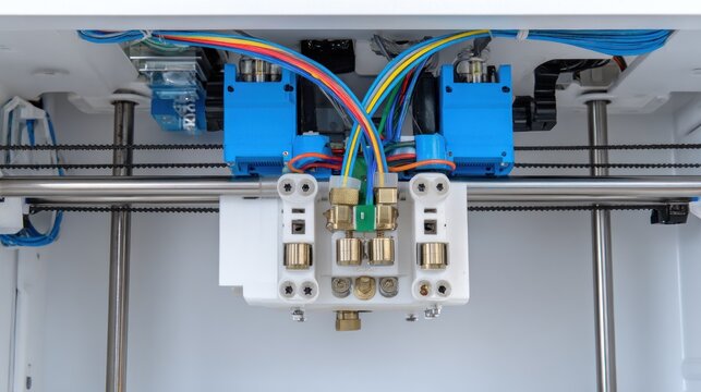 Close-up of a 3D Printers Extruder Head with Colorful Wires.