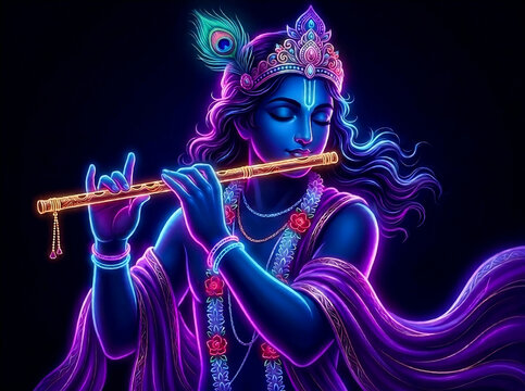Hindu deity Lord Krishna playing his flute neon light effect in the dark background