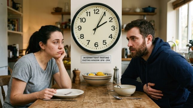 A couple sits at a wooden table in a cozy kitchen.