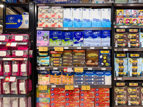 PENANG, MALAYSIA - FEB 05, 2026: Tissue paper products displayed on supermarket retail shelves in household essentials aisle.