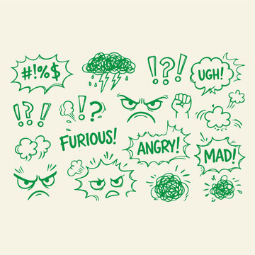 Hand drawn angry expression icons, green sketch comic speech bubbles with furious and mad text, doodle set of frustration and rage symbols