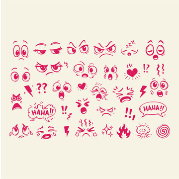 Retro cartoon facial expressions and comic icons set, hand drawn pink doodle eyes and mouths, expressive character design elements for animation