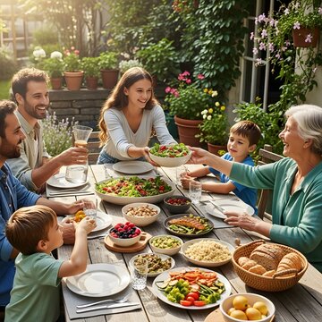 Happy Multi-Generational Family Sharing a Healthy Summer Meal Together on Outdoor Patio