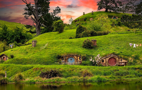 MATAMATA- NEW ZEALAND -NOVEMBER -2- 2022: Hobbiton - movie set created for filming the Lord of the Rings and "Hobbit" movies - Matamata, New Zealand,spring scene