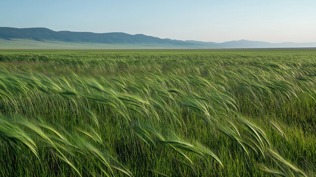 ryegrass. Vast meadow of lush perennial ryegrass under clear sky with gentle wind. gardening catalogs, home-decor guides, designed for home decor and floral branding, used by architects.