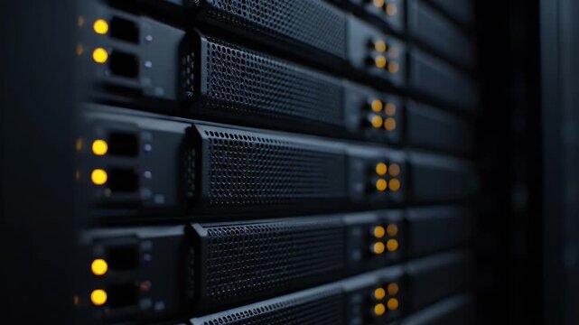 Modern server rack hardware with glowing yellow status lights in a dark data center
