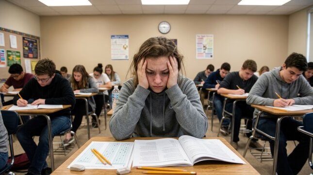 Several students are intensely focused on a math test in a classroom. One student, a young woman, is visibly stressed, clutching her head with her hands.