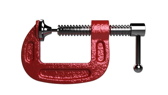Red C-clamp tool with metal screw and handle