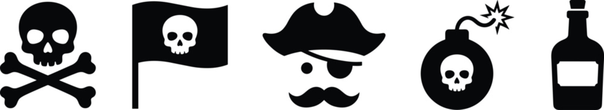 Vintage Pirate Symbol Collection Featuring Skull Icons, Buccaneer Elements, Explosive Bomb Graphics and Rum Bottle Silhouette Designs