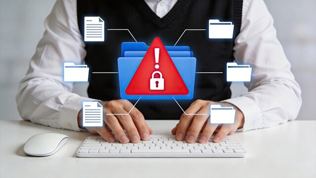 Concept of data breach and file security warning, showing locked folder with red alert triangle surrounded by document icons, representing cybersecurity threats, privacy