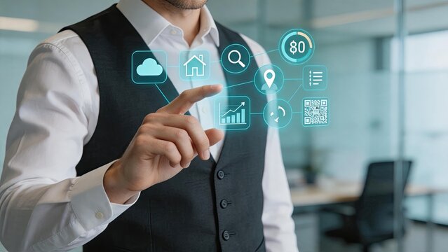 Man touching virtual floating icons, smart home and cloud computing concept, business technology interface, location services and QR code scanning, digital connectivity and modern