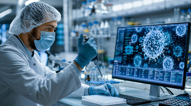 Scientist working with virus sample: A scientist in a lab coat, face mask and gloves is conducting research on a virus sample displayed on a computer screen.