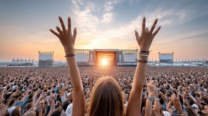 Fototapeta premium The lively festival atmosphere is filled with an enthusiastic crowd joyfully enjoying a performance at sunset