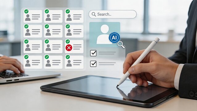 Artificial Intelligence AI recruitment process screening candidates on tablet, HR manager selecting resumes with smart technology for hiring, automated applicant tracking system