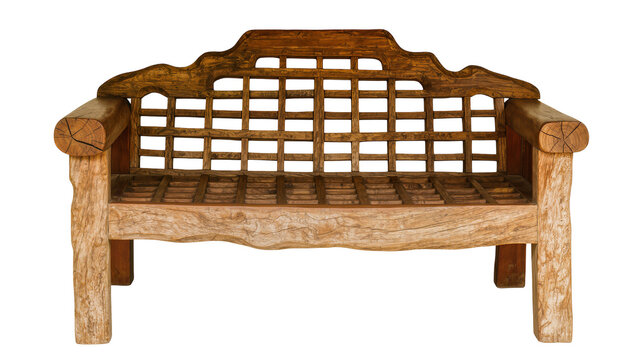 Rustic wooden bench with lattice back and log arms