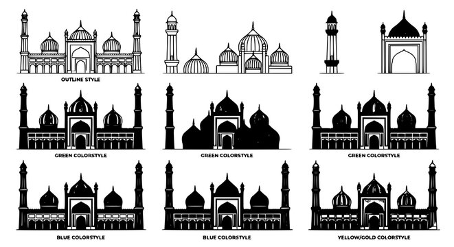 Colorful Jama Masjid outline icon collection with Mughal mosque vector illustrations