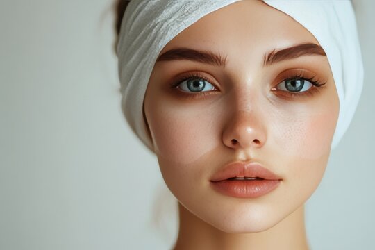 Woman with white headband and facial cream on face