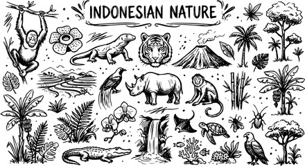 Indonesian Nature Black and White Line Art Vector - Orangutan, Tiger, Rhino, Volcano, Flora and Fauna © pixsource