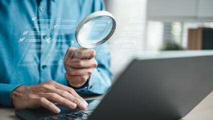 Plakat Document audit and verification concept with magnifying glass reviewing digital files and compliance checklist.