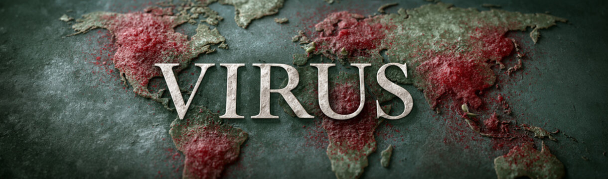 Global Virus Threat: A stylized world map illustrates the widespread danger of a virus, with red areas indicating outbreak hotspots, overlaid with the bold word VIRUS.