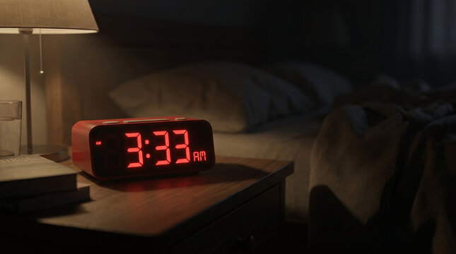 red alarm clock 3AM night bedroom dark glow insomnia moody atmosphere close-up sleepless sleep deprivation nighttime authentic healthcare awareness restless awake bedside midnight struggle dark moody
