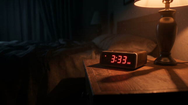 insomnia red alarm clock 3:33 AM glowing bedroom night dark atmosphere close-up sleepless nighttime bedside lamp moody authentic sleep deprivation healthcare awareness restless awake midnight struggle