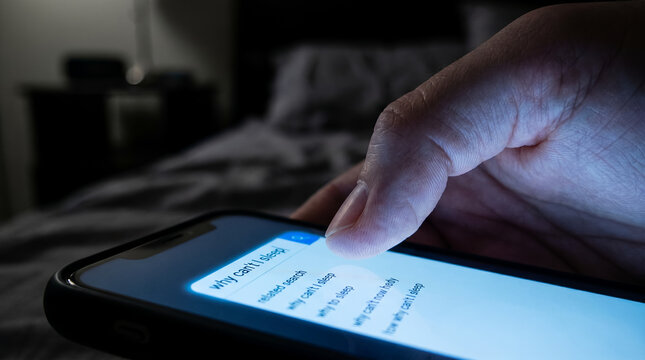 insomnia phone search why can't sleep dark bedroom night blue glow close-up sleepless typing fingers anxiety stress healthcare mental health awareness authentic emotional digital midnight restless