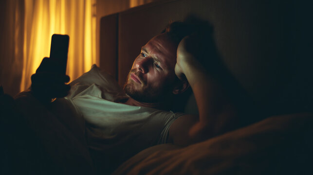 Lonely man lying awake in bed illuminated by phone screen ,person crying, a man in a shirt sits in a chair with his hand thrown back on his forehead, man lying in bed, personin bur