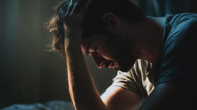 Man in dark room holding his head in emotional distress ,person crying, a man in a shirt sits in a chair with his hand thrown back on his forehead, man lying in bed, personin burno