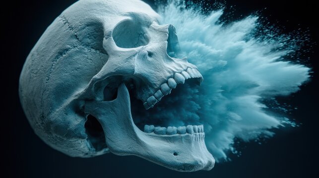 Exploding Skull with Blue Smoke and Debris.
