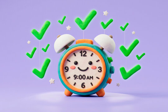 Reloj despertador animado en 3D rodeado de marcas de verificaci&oacute;n verdes de tareas cumplidas