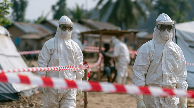 Medical Responders in Hazmat Suits: Two individuals clad in protective hazmat suits and face shields stand alert amidst a makeshift medical camp, with caution tape cordoning off the area.