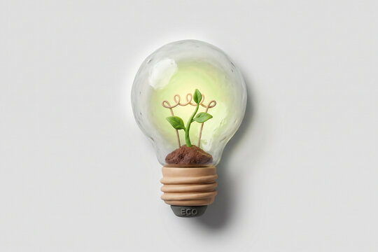Bombilla ecol&oacute;gica en 3D con brote de planta verde para ideas sustentables y reciclaje