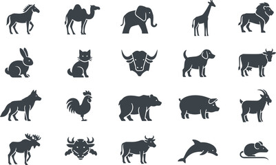 Naklejka premium Animal Silhouette Icon Collection Featuring Elephant Lion Camel Bear Dolphin Wolf Farm and Wildlife Vector Illustration Set