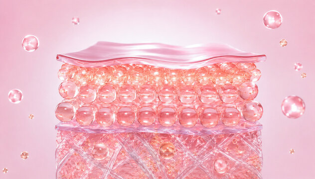 3D rendering cross-section of pink skin layers showing collagen matrix and cells structure. Scientific concept for anti-aging skincare, subcutaneous tissue, and cosmetic treatment.