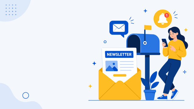 Newsletter Delivery: A woman checks her phone beside a mailbox overflowing with a newsletter, symbolizing communication and information exchange.