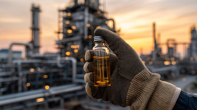 Oil Sample at Sunset Refinery: A gloved hand holds a small vial filled with golden liquid, with an industrial refinery silhouetted against a dramatic sunset sky in the background.