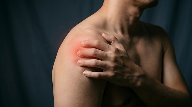Shoulder Pain Relief & Injury Treatment. Man with Joint Discomfort. Medical, Healthcare, Physical Therapy & Rehabilitation.