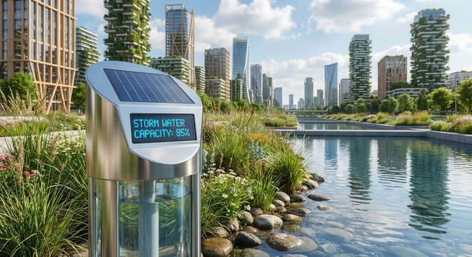 Smart water monitoring device in futuristic green city canal landscape