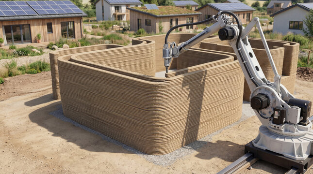 Robotic 3D printer constructing eco friendly curved house with solar homes
