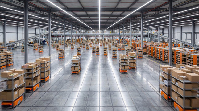 Autonomous robots transporting packages across large modern warehouse floor