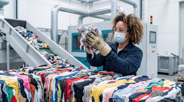 Worker inspecting shredded textile waste in modern recycling facility