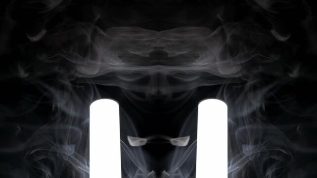 Mirrored white smoke billows and swirls around two bright vertical light tubes against a dark background, creating an abstract effect. Concept of mystery, paranormal activity, and moody
