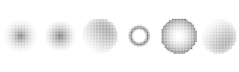 Fotobehang Pop Art Halftone dot circle pattern set with gradient texture. Abstract dotted round geometric background collection for poster, banner, flyer, collage, vector illustration  © sani