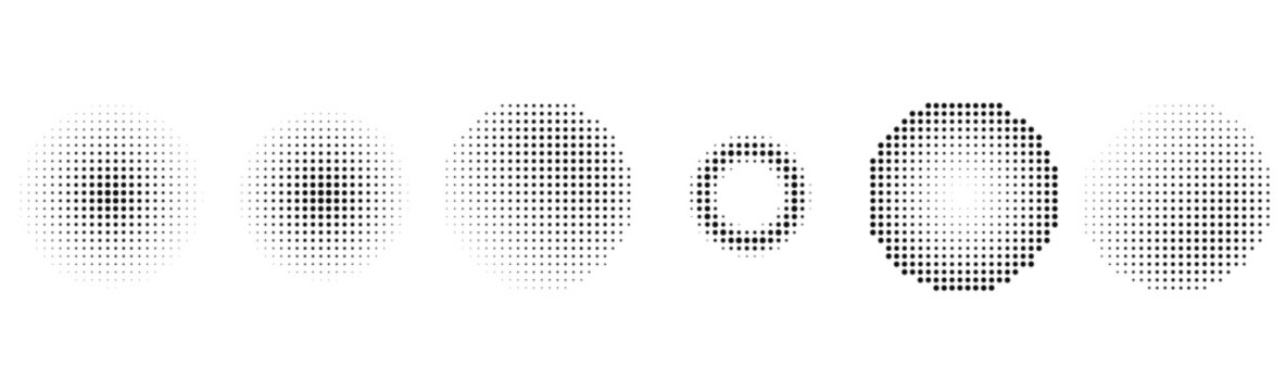 Halftone dot circle pattern set with gradient texture. Abstract dotted round geometric background collection for poster, banner, flyer, collage, vector illustration