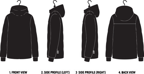 Blank black hooded jacket silhouette vector template featuring front, side, and back views for apparel design mockup © MdJahid